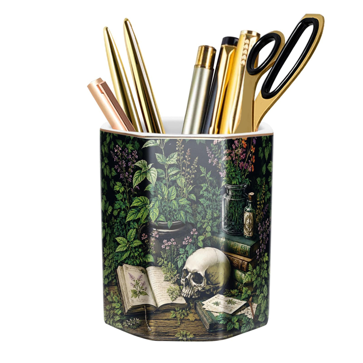 Pencil Holder, Pencil Cup for Desk, Makeup Brush Holder Cup, Cute Pencil Stand Marble Decorative for Kids Durable Ceramic Desk Organizer for Office, Classroom, Home, Antique Green Marble