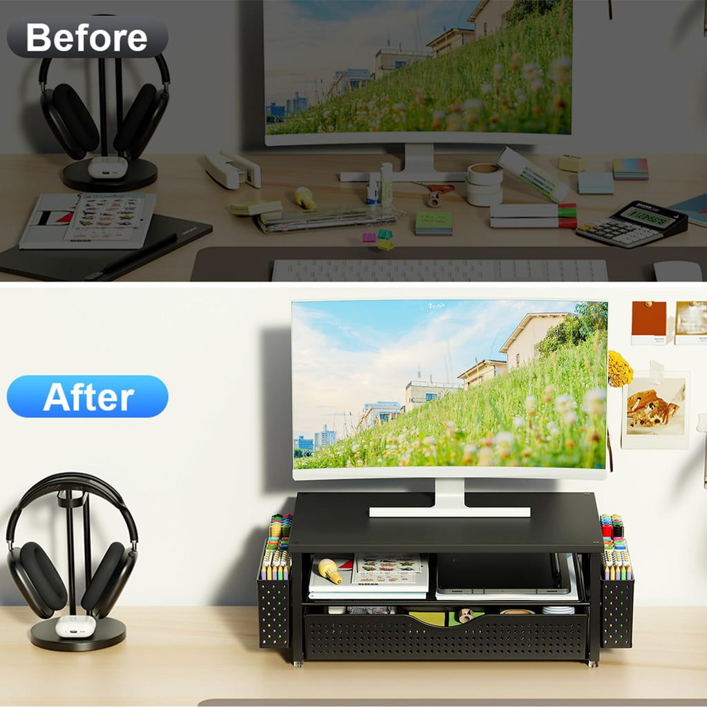 Spacrea Computer Monitor Stand with Drawer and 2 Pen Holders, Black