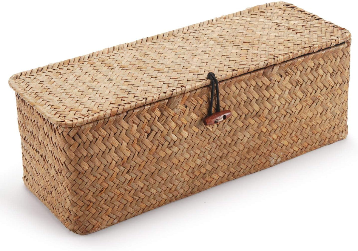DECRAFTS Seagrass Storage Basket with Lid Rectangular Small Woven Shelf Baskets with Sections for Organize Snack Toys Tampon