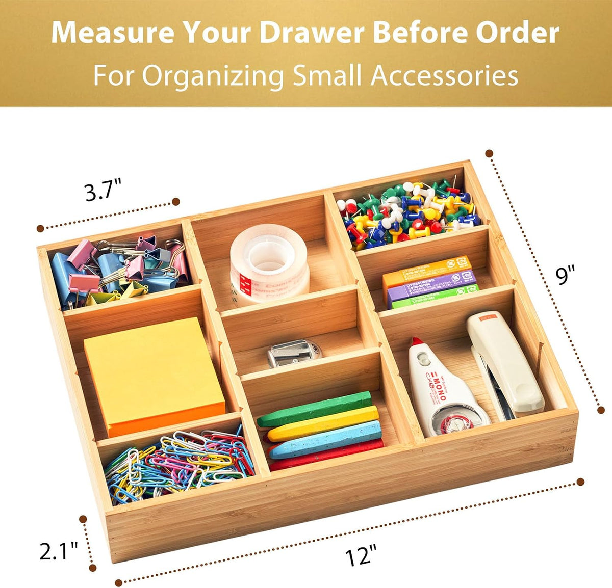 Umilife Bamboo Desk Drawer Organizer, Wood Junk Organizer Tray with Adjustable Dividers, Anti-Skip Storage Organization in Office Bathroom Drawer for Vanity, Makeup, 12" x 9"