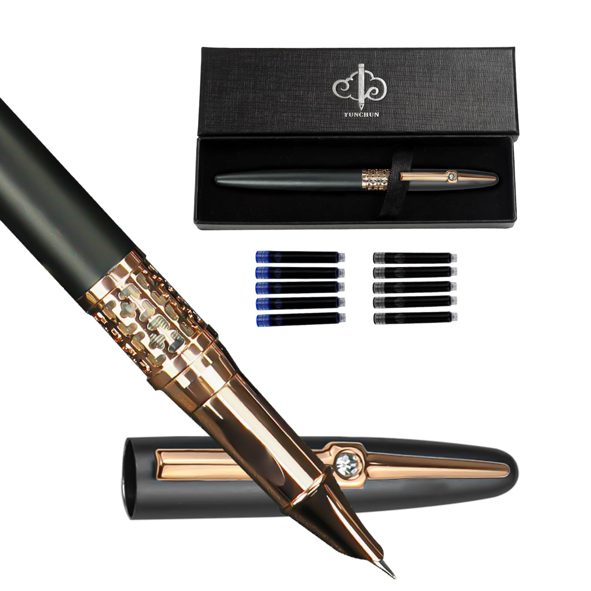 YUNCHUN Refillable Fountain Pen Medium Nib, Fancy Ink Pen with 10 Black & 10 Blue Ink Refills Cartridges, Cool Ink Pens for Writing, Business Metal, Best Gift Set for Men & Women, Red