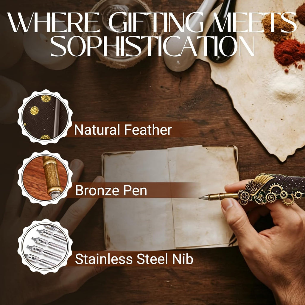 Joyeee Grey Feather Quill Pen Set, with Dip Pen Ink, Pen Nib Base, Replacement Stainless Steel Nibs, Sealing Wax Stamp Kit for Calligraphy Practice, Drawing & Signatures, Best Gifts for Women Men