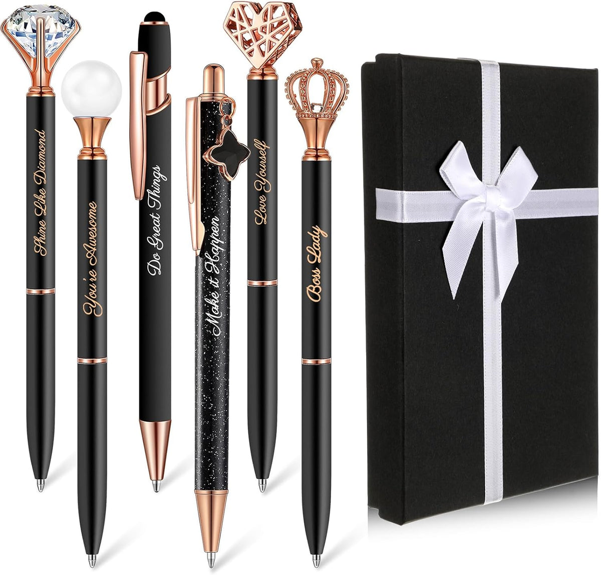 Qeeenar 6 Pcs Fancy Pens for Women Crystal Diamond Pen with Box, Black