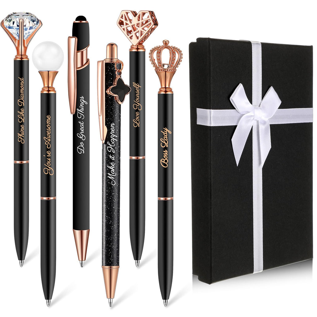Qeeenar 6 Pcs Fancy Pens for Women Crystal Diamond Pen with Box, Black