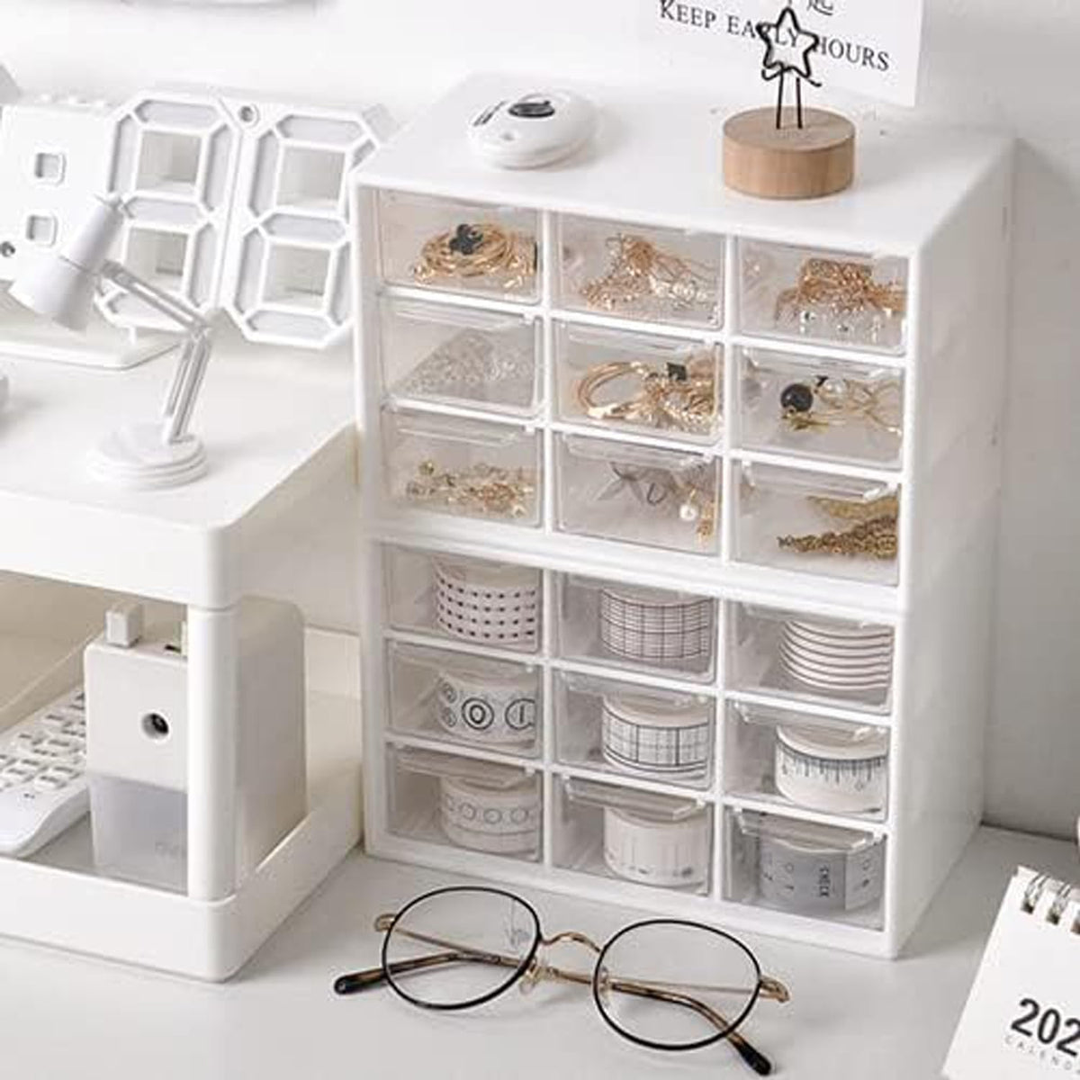 Small Drawer Organizer for Desk, 7.1" x 3. 8" x 4.6" Mini Desktop Drawer Organizer with 9 Clear Drawers, Plastic Desktop Craft Storage Box for Desk Office School Home (White)