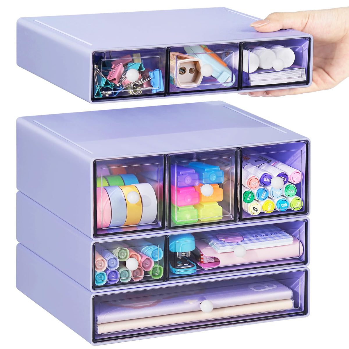 Desk Storage Organizer with 9 Drawers, 4 Tiers Stackable Desktop Craft Storage Drawers, Clear Storage Box Caddy for Stationary Makeup Jewelry Office Craft Supplies (White)