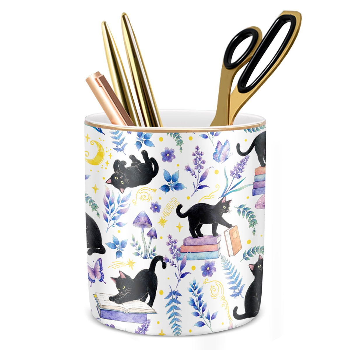 Large Capacity Colored Pen Holder for Desk, Ceramic Pencil Holder Pen Cup Marker Holder Makeup Brush Holders, Desk Accessories & Workspace Organizers for Home, Office, White Flower