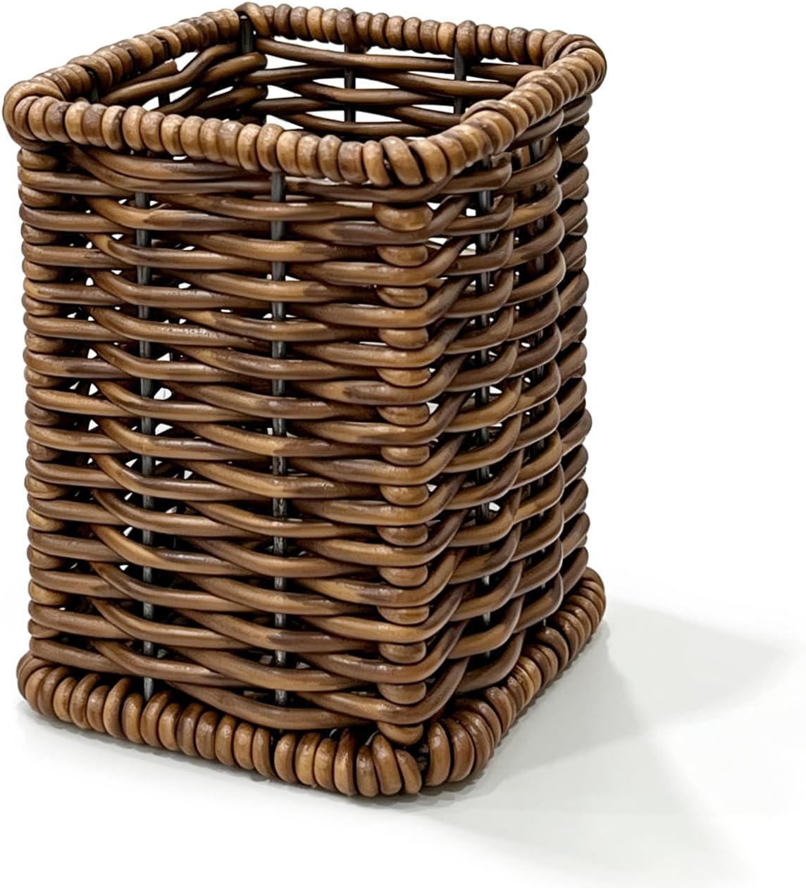 Rattan Woven Pencil Holder, Dark Brown Desk Cup, 4.2×3.2×3.2in