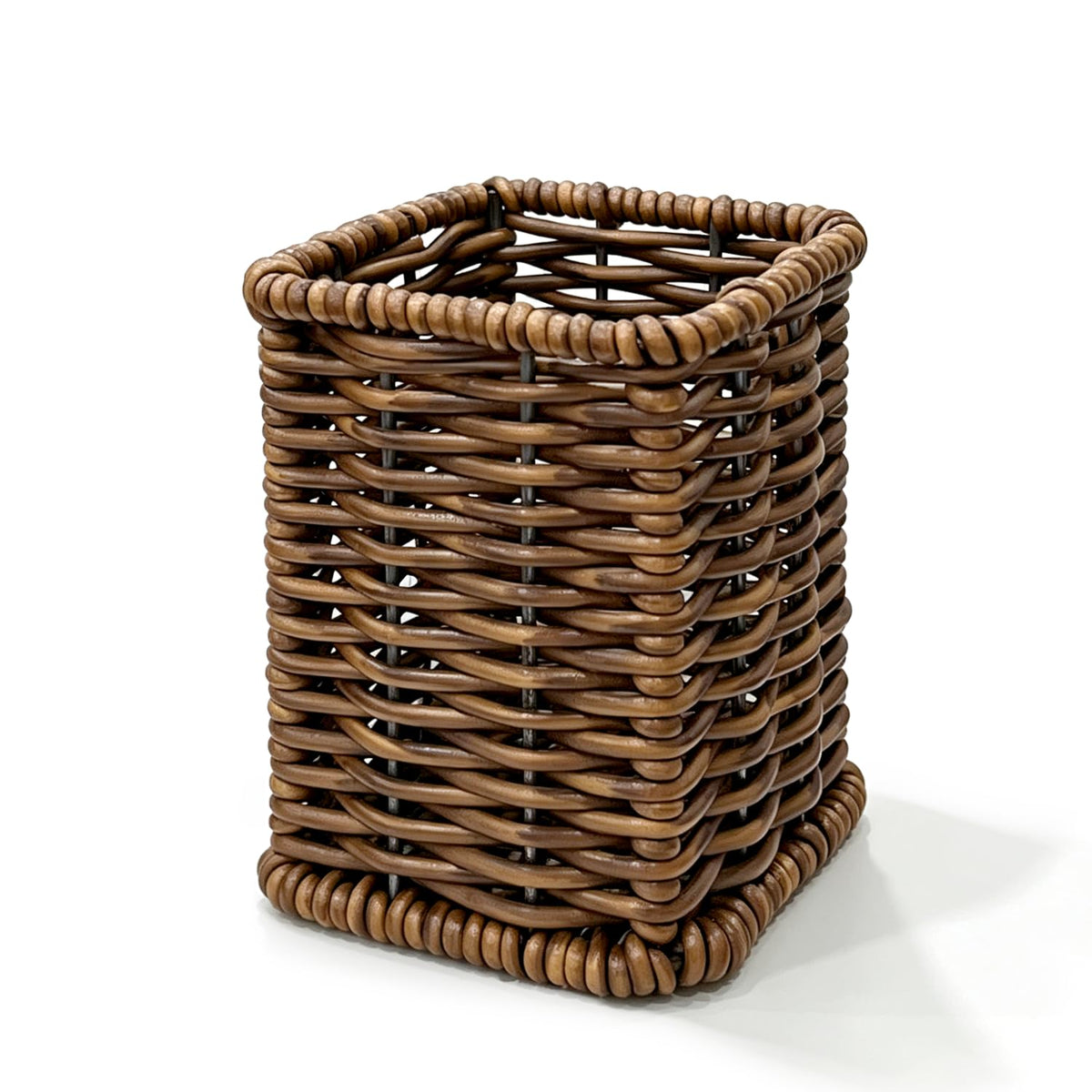 Rattan Woven Pencil Holder, Dark Brown Desk Cup, 4.2×3.2×3.2in