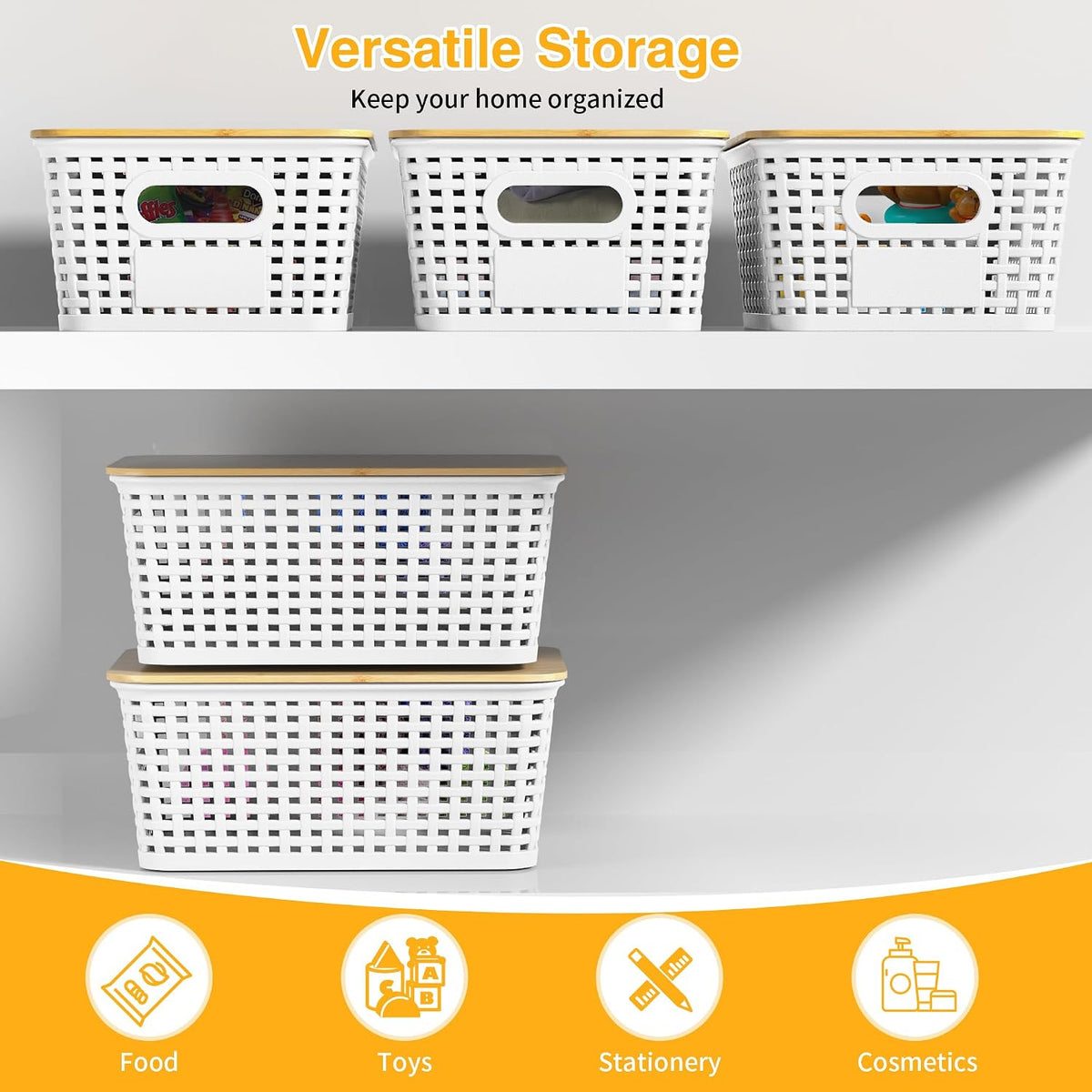 6 Pack Plastic Storage Baskets,White bamboo lid storage Box