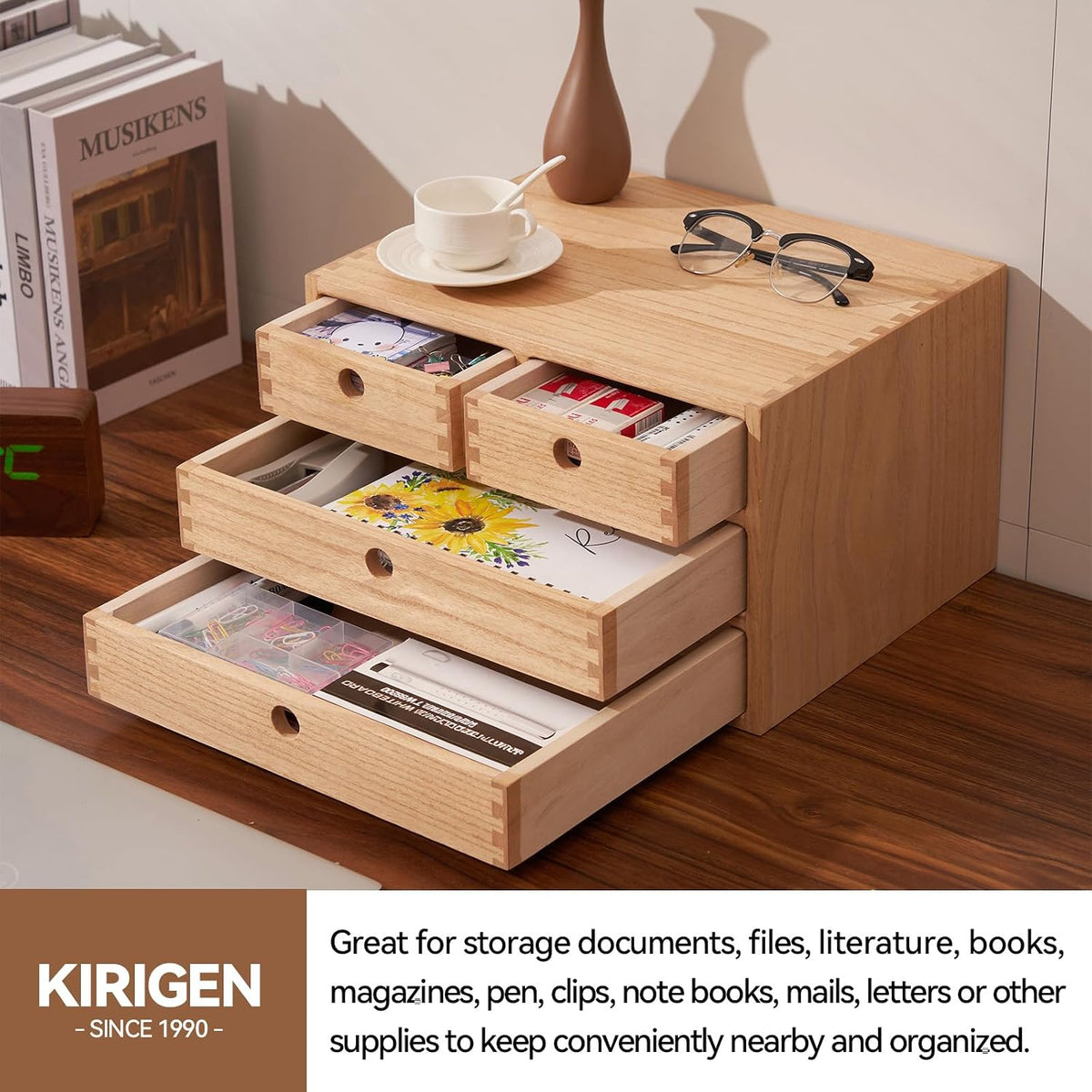 KIRIGEN Wood Desk Organizer with 4 Drawers, Desktop Storage, Natural 34-NA