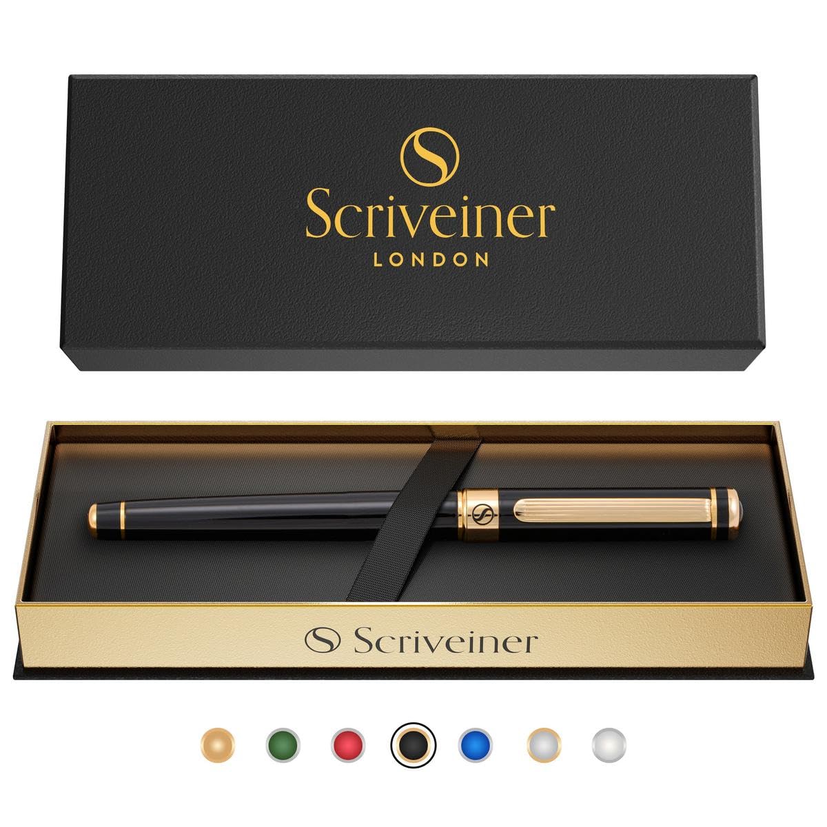 Scriveiner Black Green Rollerball Pen - Stunning Luxury Pen, Chrome Finish, Schmidt Ink Refill, Best Roller Ball Pen Gift Set for Men & Women, Professional, Executive Office