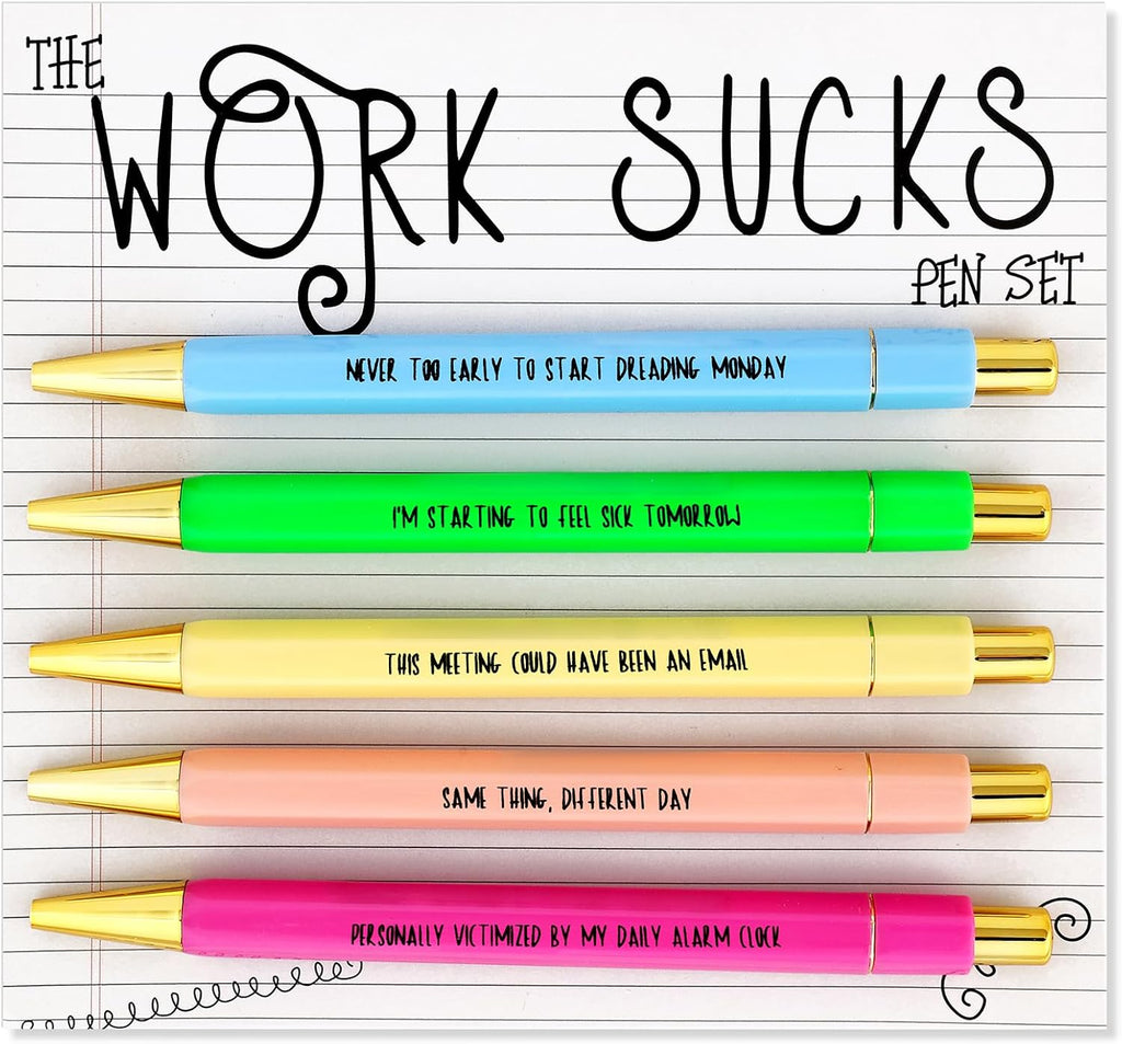 5Pcs Funny Work Sucks Pens Set for Adult Coworkers Office Gifts Pens with Funny Saying Quotes Sarcastic Snarky Pens Negative Swear Word Daily Pen Set Ballpoint Pens Black Ink Unique Work Office Pen