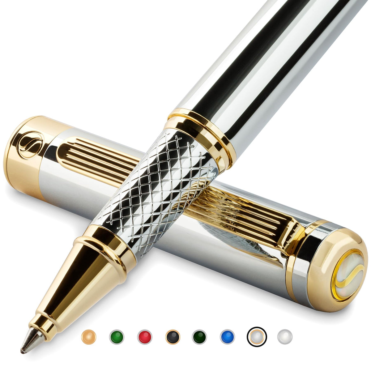Scriveiner Black Green Rollerball Pen - Stunning Luxury Pen, Chrome Finish, Schmidt Ink Refill, Best Roller Ball Pen Gift Set for Men & Women, Professional, Executive Office