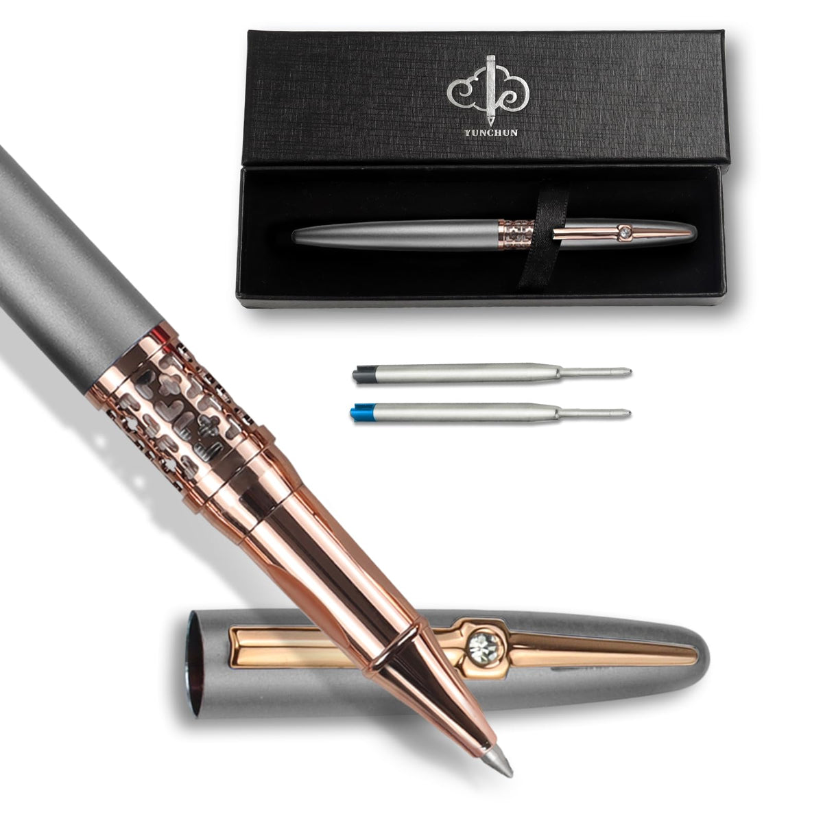 YUNCHUN Refillable Fountain Pen Medium Nib, Fancy Ink Pen with 10 Black & 10 Blue Ink Refills Cartridges, Cool Ink Pens for Writing, Business Metal, Best Gift Set for Men & Women, Red