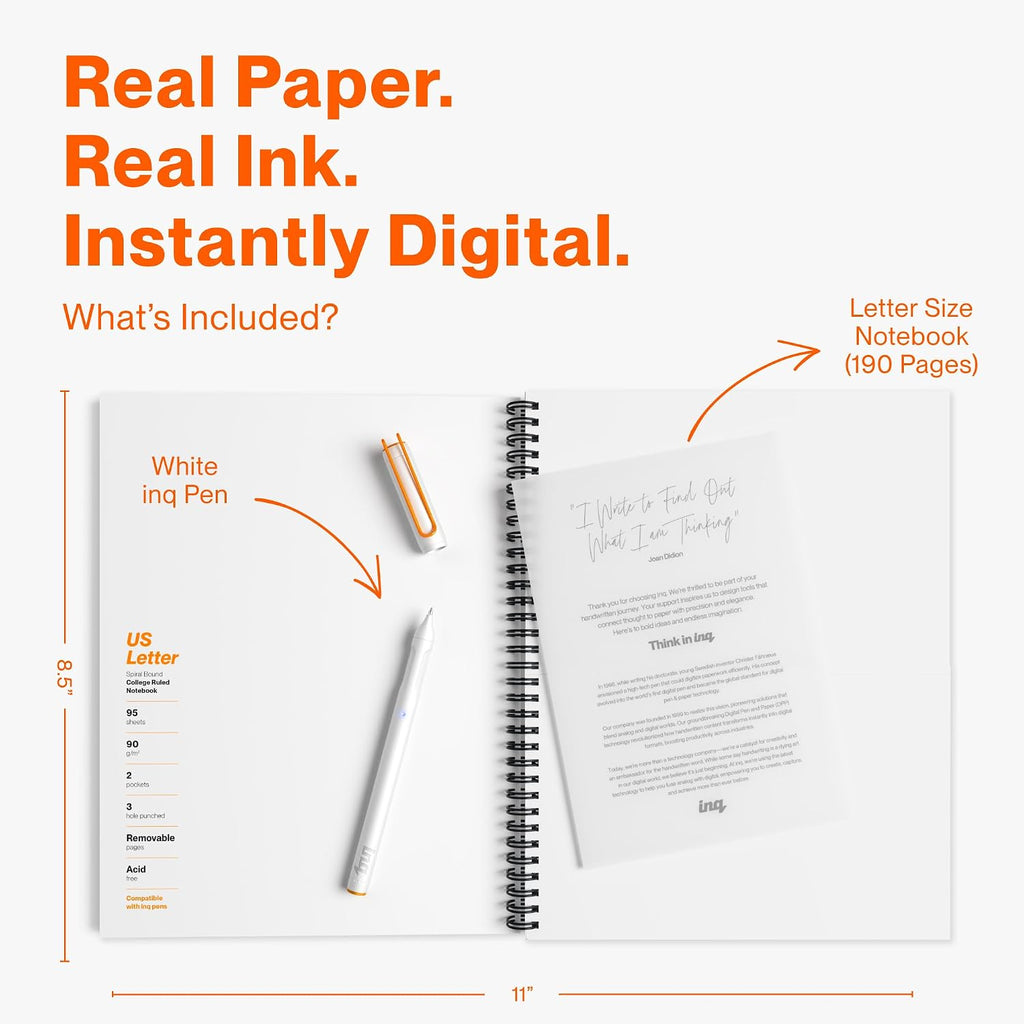 inq Smart Writing Set – Converts Handwriting to Text – Real Ink on Real Paper - AI Note Taking, Voice Recording and Transcription, For iPhone and Android - Smart Pen & Notebook (Letter Size), White