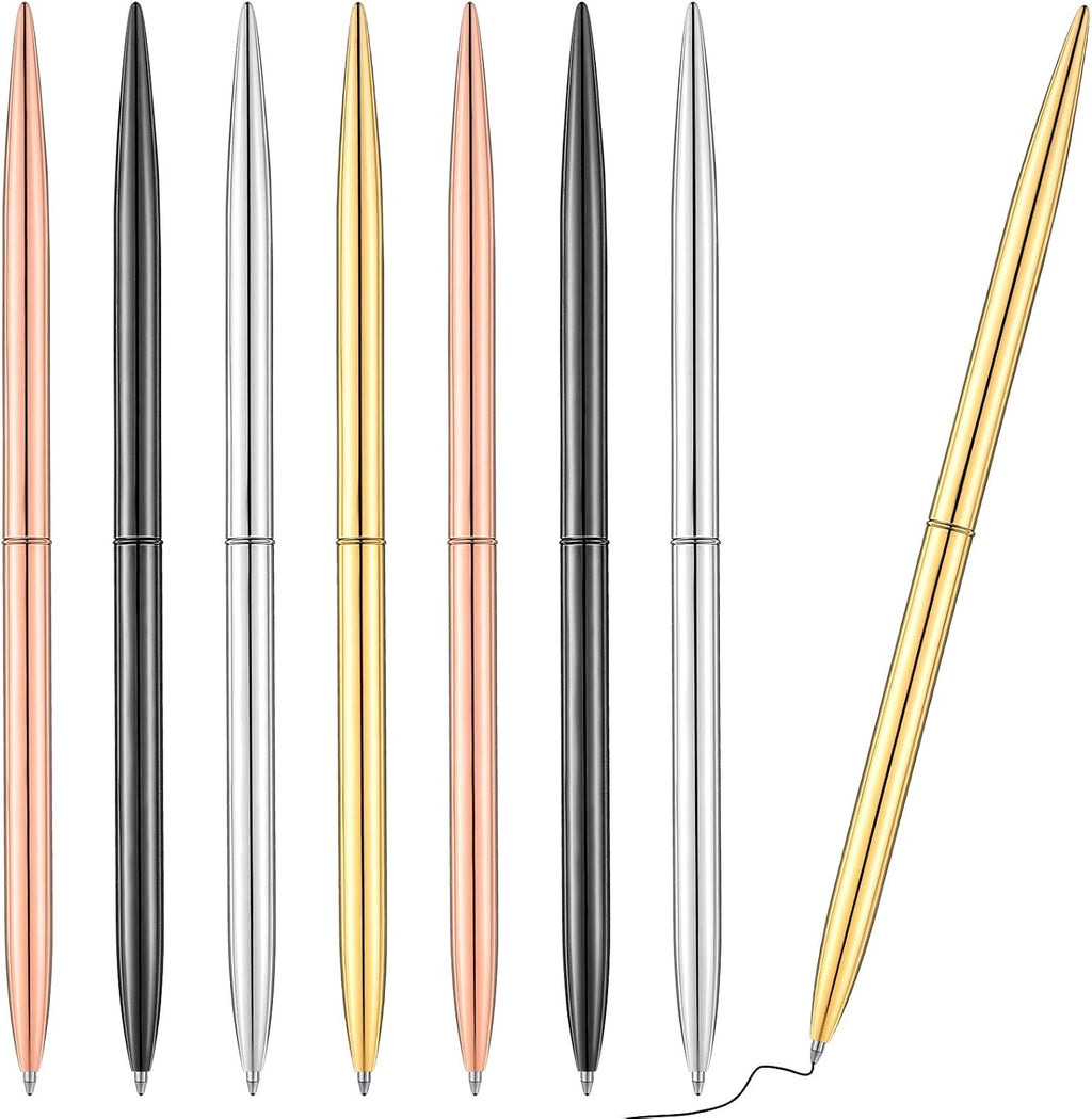 Zonon 8 Piece Gold Slim Pens Metal Ballpoint Rose Metallic Twist Black Ink Pen 1.0 mm Glossy Retractable Writing for Home School Students Teachers Wedding Gift, Rose, Gold, Steel, Silver