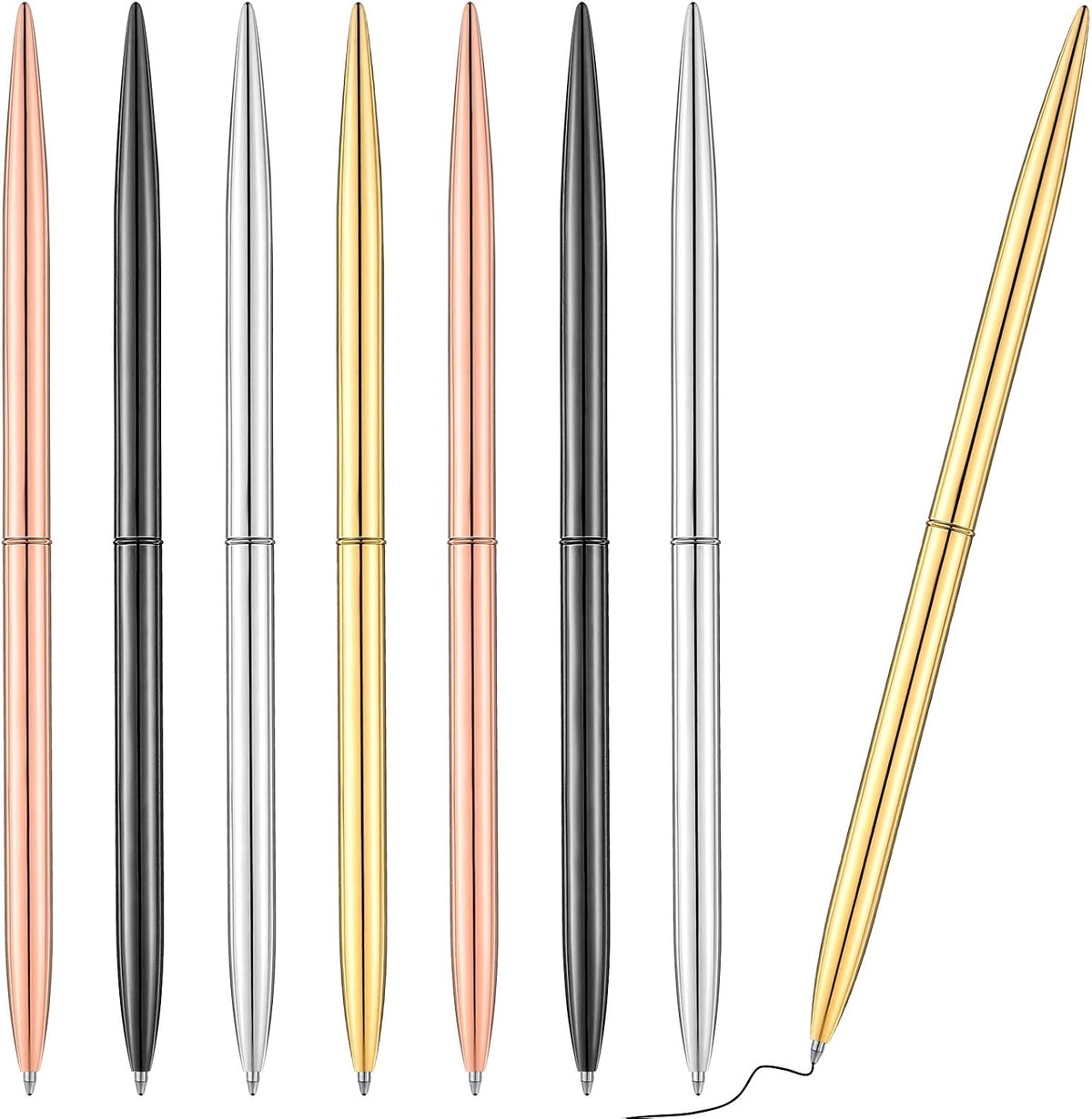 Zonon 8 Piece Gold Slim Pens Metal Ballpoint Rose Metallic Twist Black Ink Pen 1.0 mm Glossy Retractable Writing for Home School Students Teachers Wedding Gift, Rose, Gold, Steel, Silver