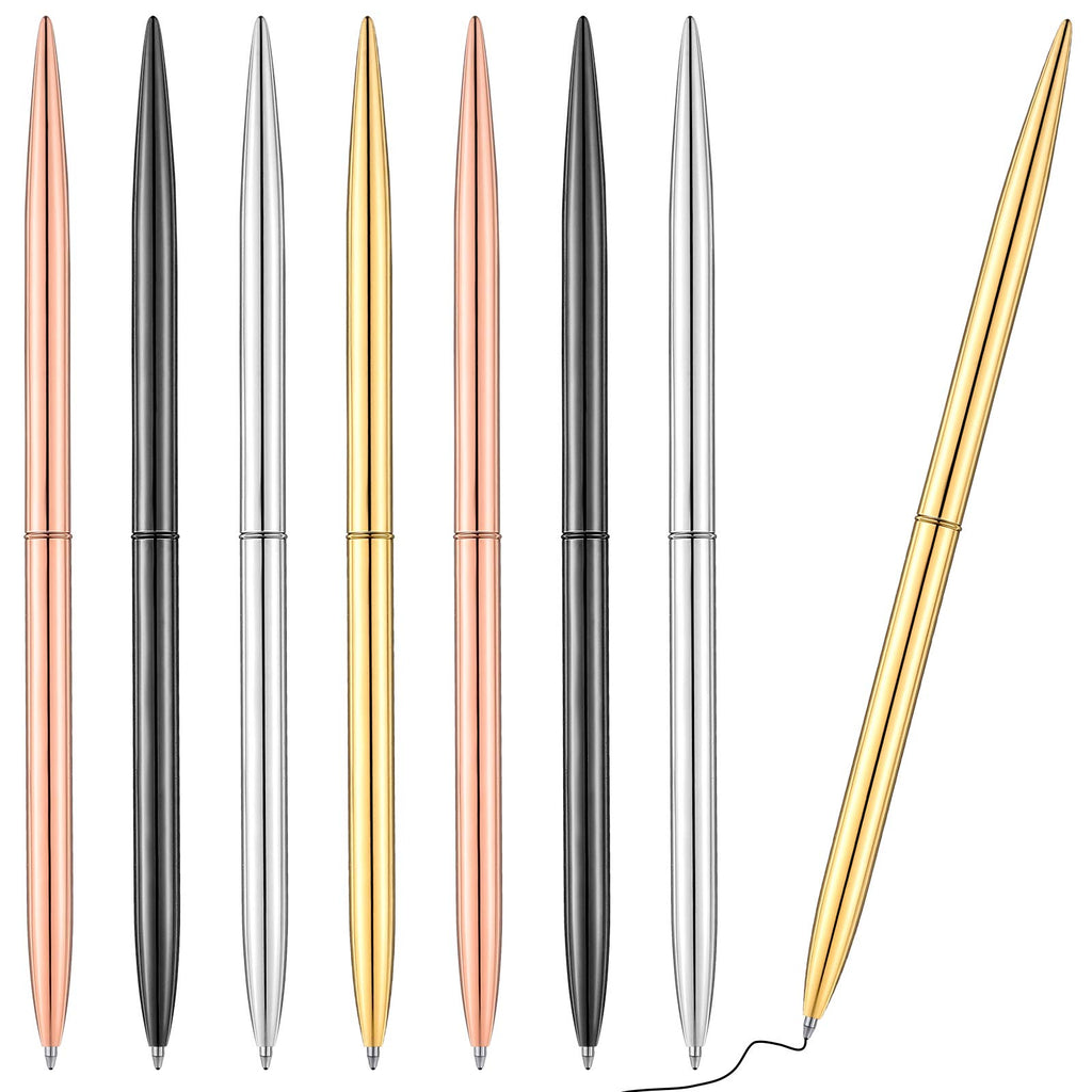 Zonon 8 Piece Gold Slim Pens Metal Ballpoint Rose Metallic Twist Black Ink Pen 1.0 mm Glossy Retractable Writing for Home School Students Teachers Wedding Gift, Rose, Gold, Steel, Silver