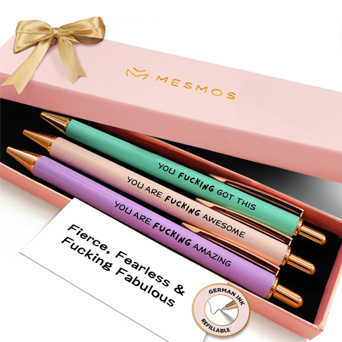 MESMOS 3pk Cute Cat Pens, Sassy and Funny Cat Lover Gifts for Women, Aesthetic Ballpoint Pens Beautifully Packaged, German-made Ink and Swiss-made Ink