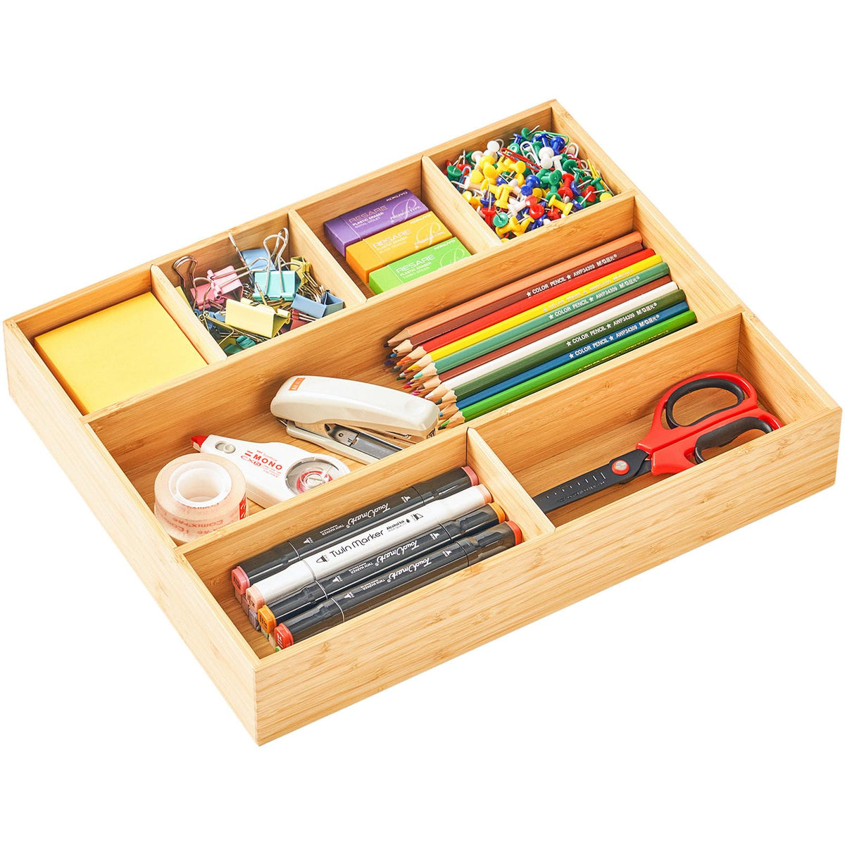 Umilife Bamboo Desk Drawer Organizer, Wood Junk Organizer Tray with Adjustable Dividers, Anti-Skip Storage Organization in Office Bathroom Drawer for Vanity, Makeup, 12" x 9"