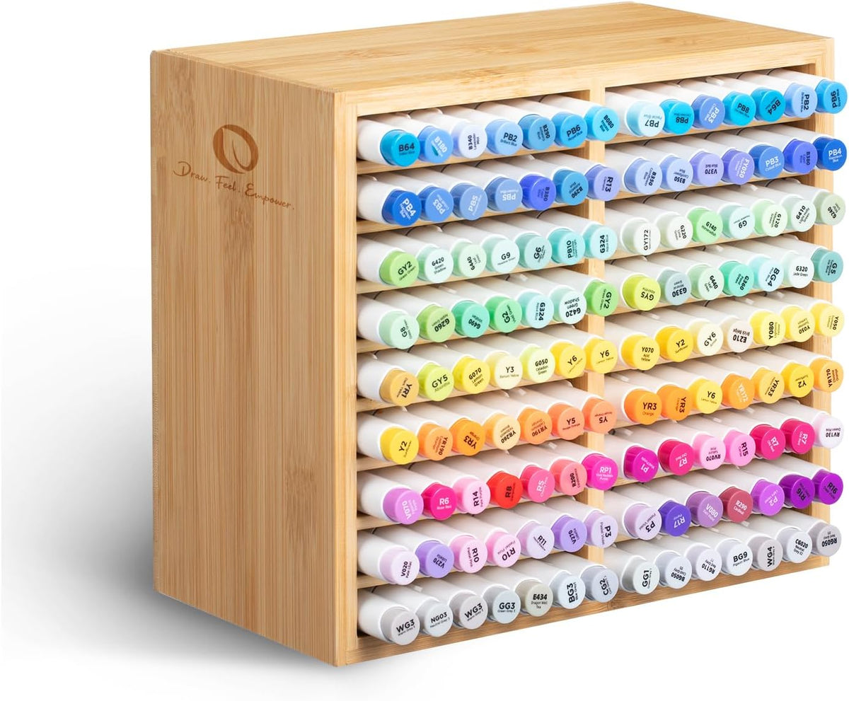 Ohuhu Bamboo Marker Organizer, Wooden Desktop Storage Holds 126 Markers