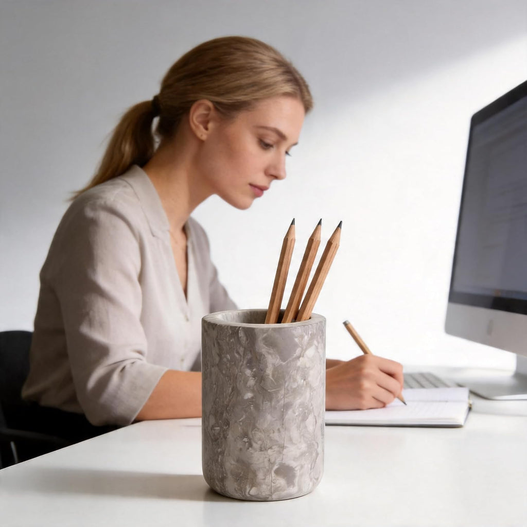 Natural Marble Pen Holder Minimalist Desk Stationery Organizer