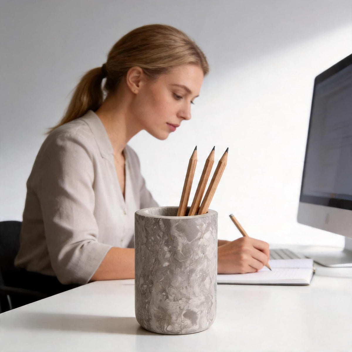 Natural Marble Pen Holder Minimalist Desk Stationery Organizer