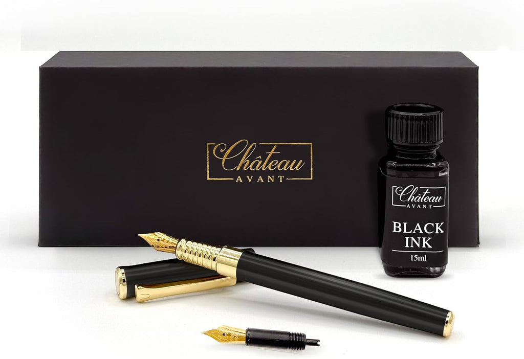 Signature Calligraphy Fountain Pen Gift Set | Black | Fine and Calligraphy Nibs, 10 Ink Cartridges, Ink Bottle and Converter | Writing Gift for Beginners, Graduates and Enthusiasts