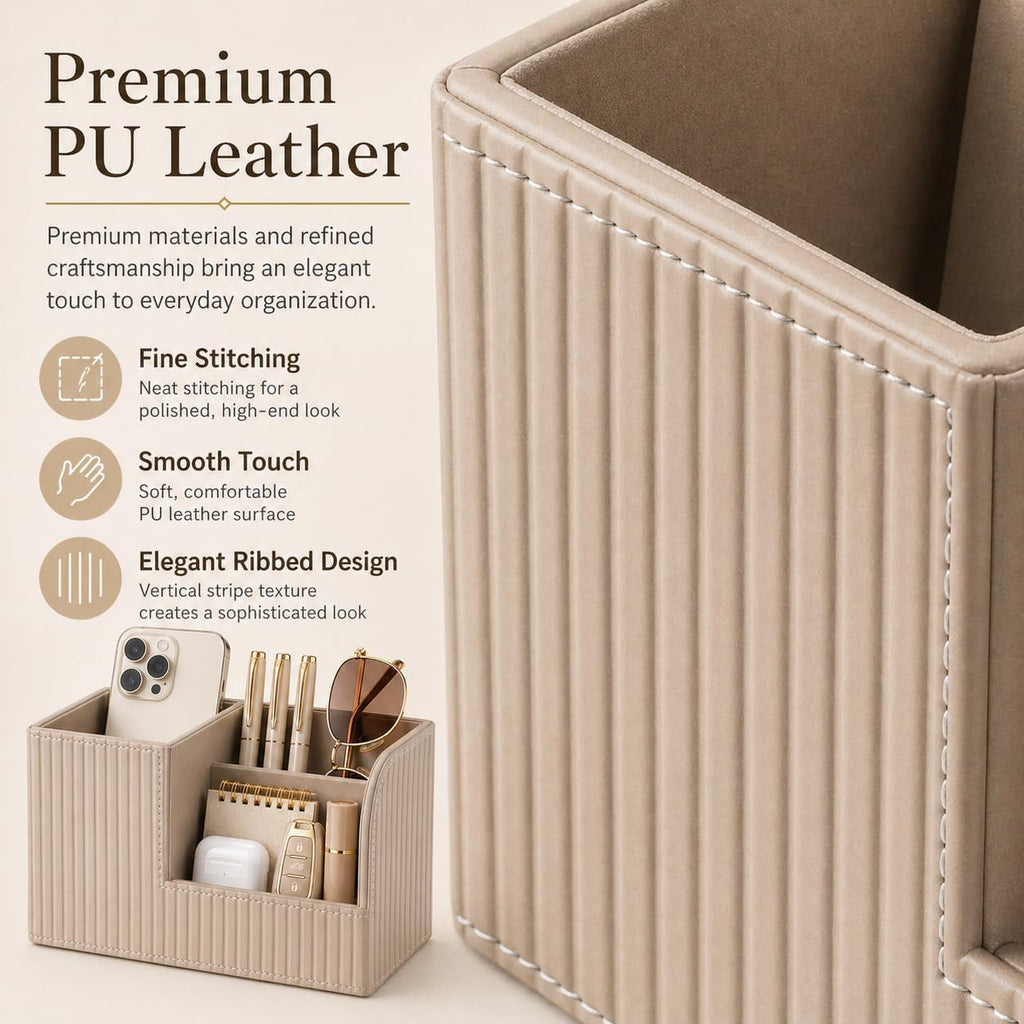 KINGFOM Desk Pen Organizer Office Supplies Caddy Pu Leather Multi-function Storage Box Pen/Pencil,Cell phone, Business Name Cards Remote Control Holder (Mocha Beige)