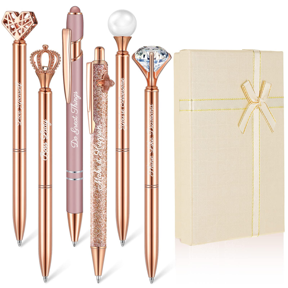 Qeeenar 6 Pcs Fancy Pens for Women Crystal Diamond Pen with Box, Black