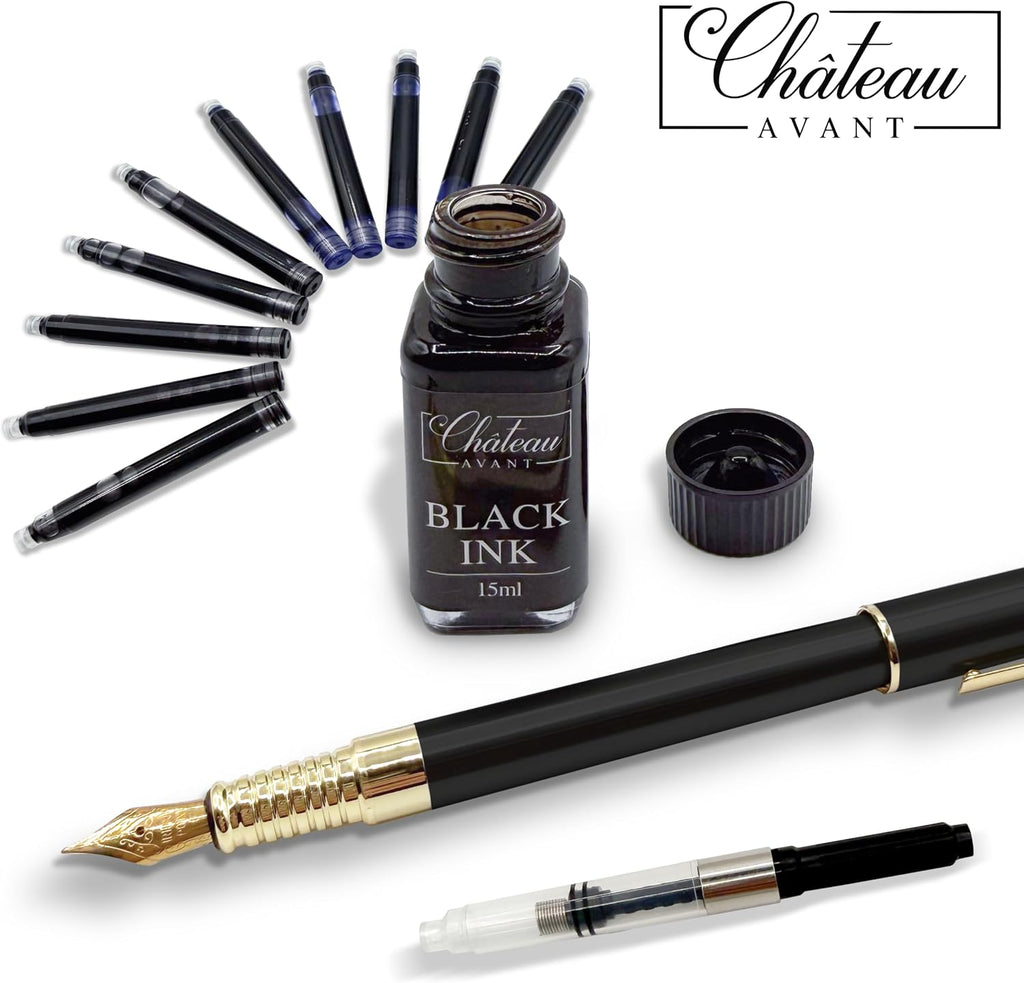 Signature Calligraphy Fountain Pen Gift Set | Black | Fine and Calligraphy Nibs, 10 Ink Cartridges, Ink Bottle and Converter | Writing Gift for Beginners, Graduates and Enthusiasts