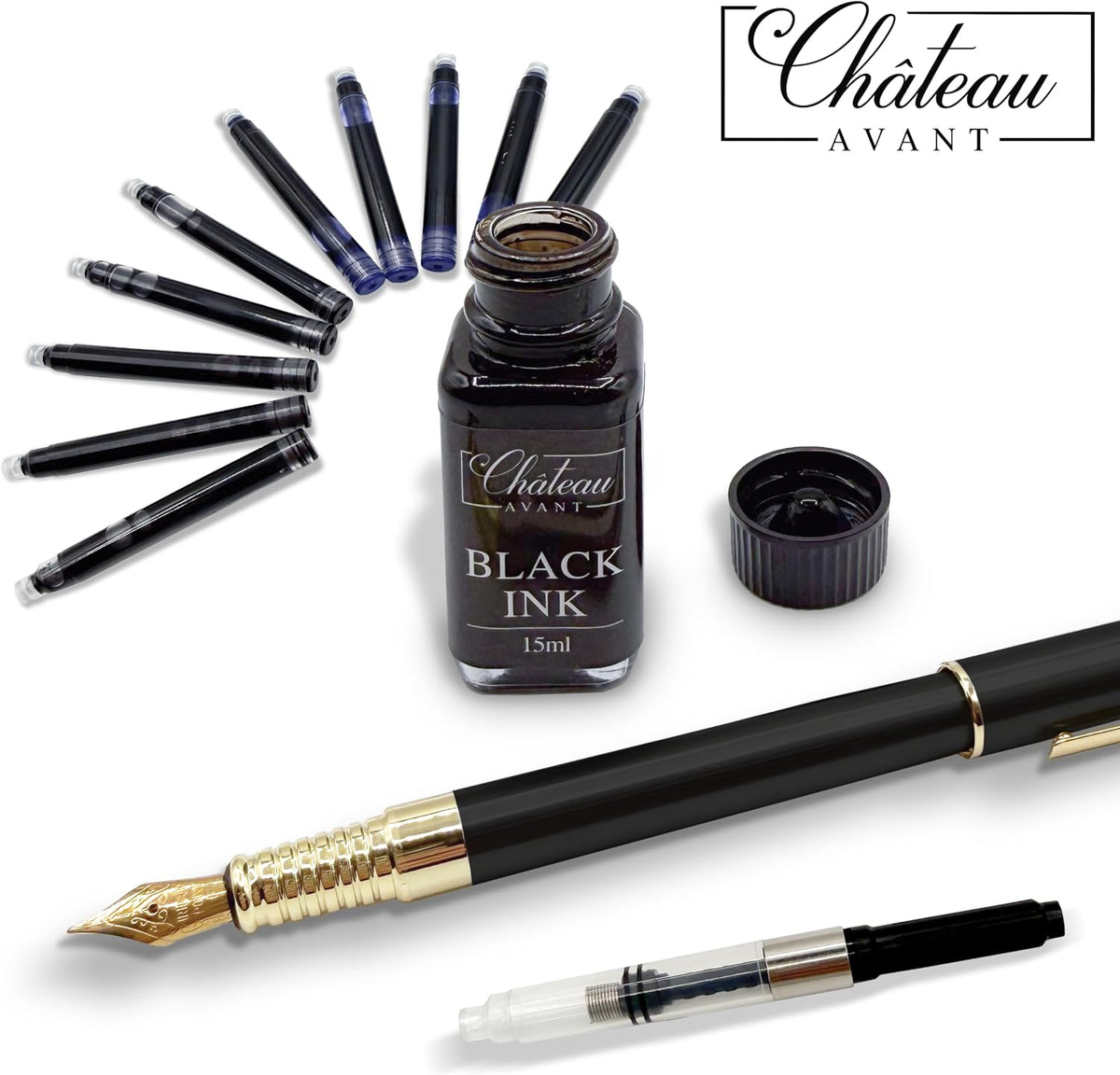 Signature Calligraphy Fountain Pen Gift Set | Black | Fine and Calligraphy Nibs, 10 Ink Cartridges, Ink Bottle and Converter | Writing Gift for Beginners, Graduates and Enthusiasts