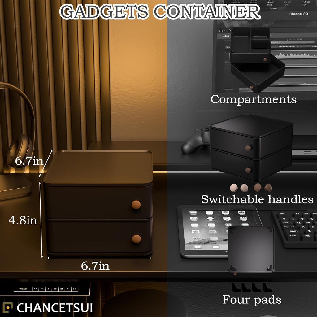 CHANCETSUI Black desk organizer for men: Multi function countertop container for gaming desk, workstation, bathroom storage, square storage box for black aesthetic