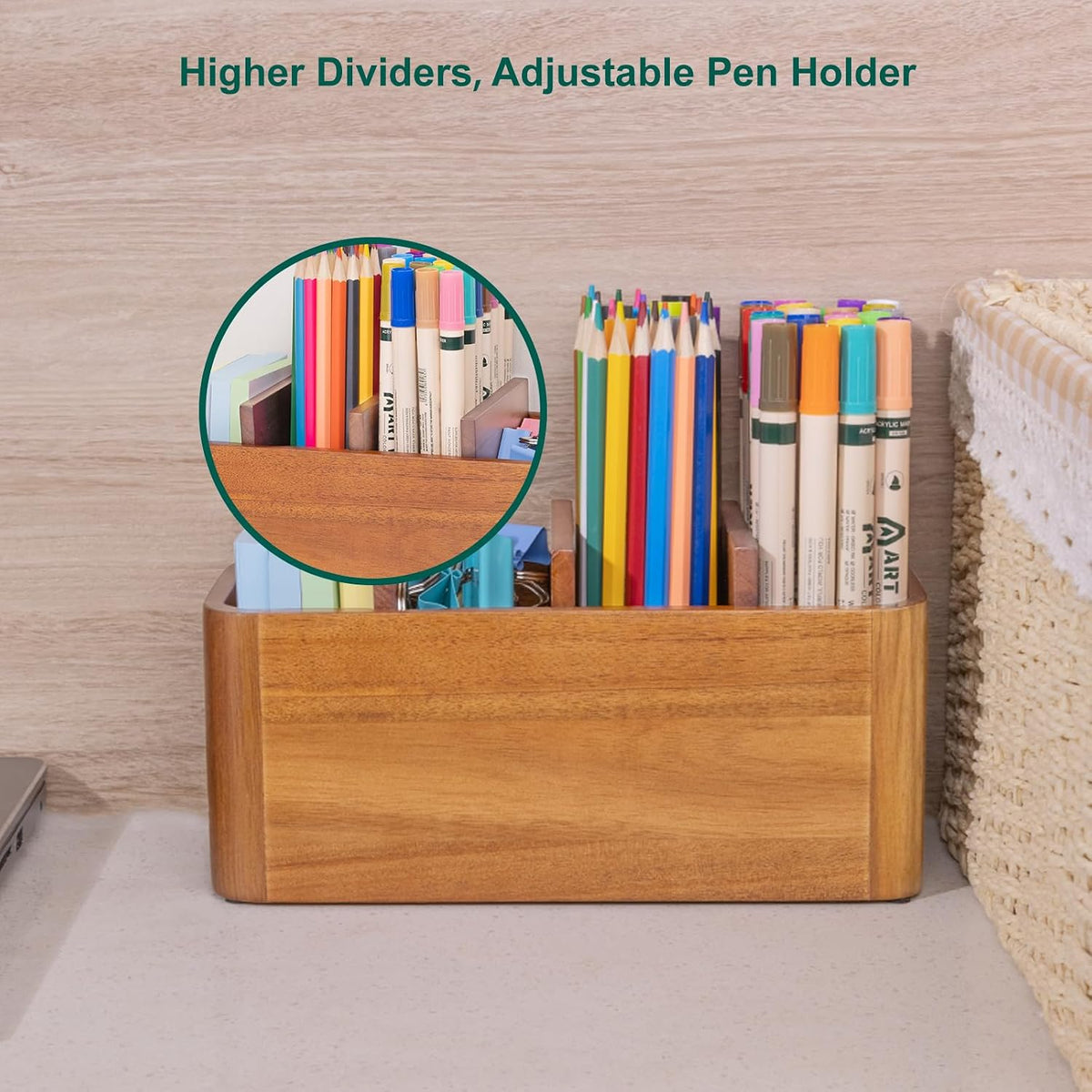 Acacia Wood Pen Holder for Desk, Adjustable Large 4 Cups Desk Organizer