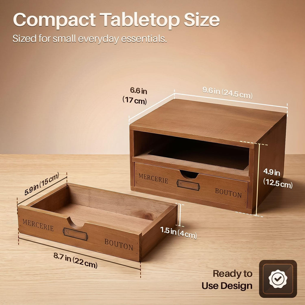 Flexzion Wooden Storage Box with 2 Drawers, Vintage Desktop Organizer