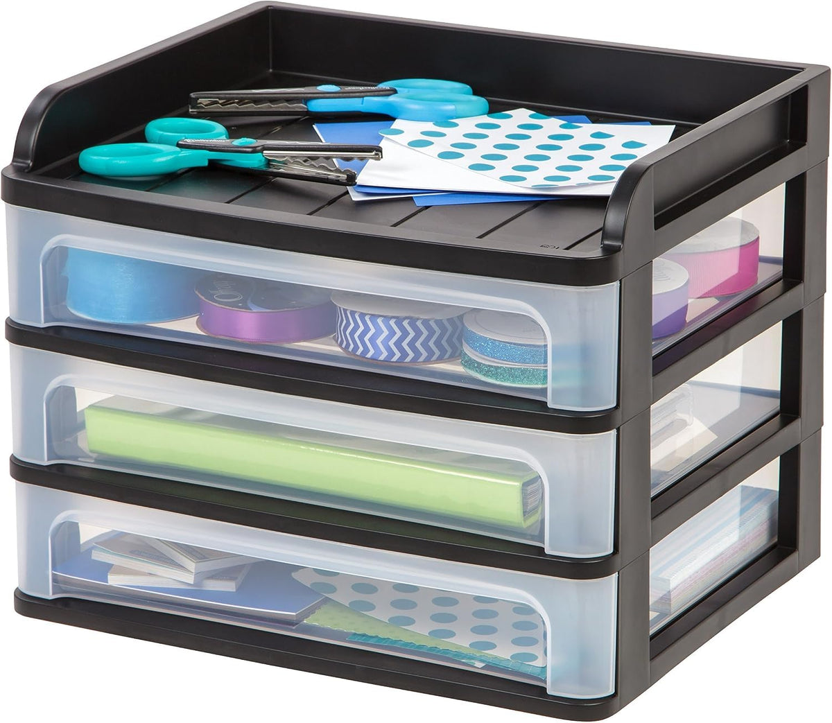 IRIS USA 2-Pack, 3-Drawer Medium Plastic Stacking Desktop Organizer, Black