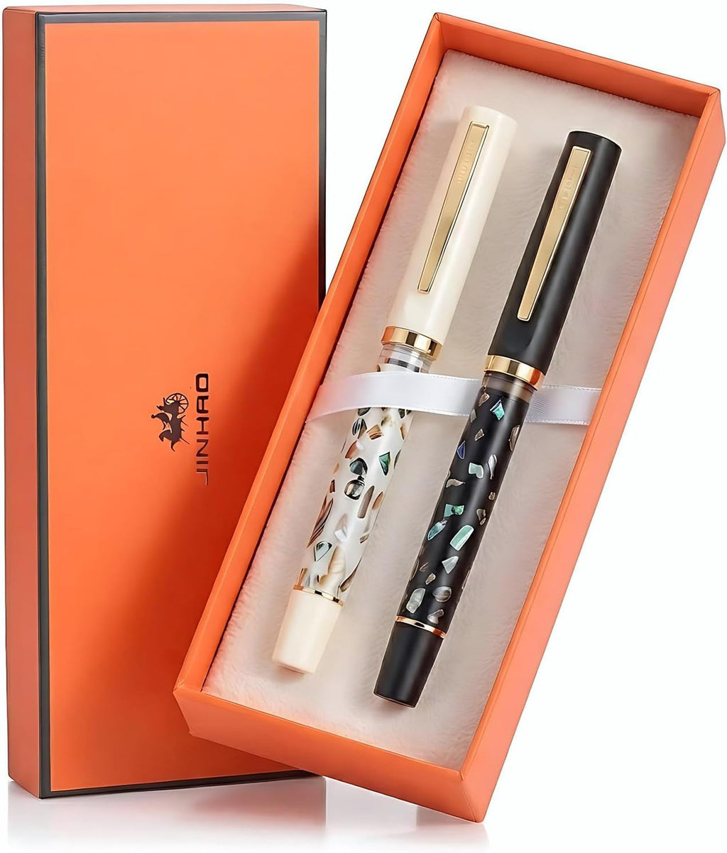 Jinhao 58 Fountain Pen Gift Set of 2 - Natural Sea Shell Inlay Fine Nib Luxury Writing Pens with Jinhao Orange Box & Ink Converters, Black & White