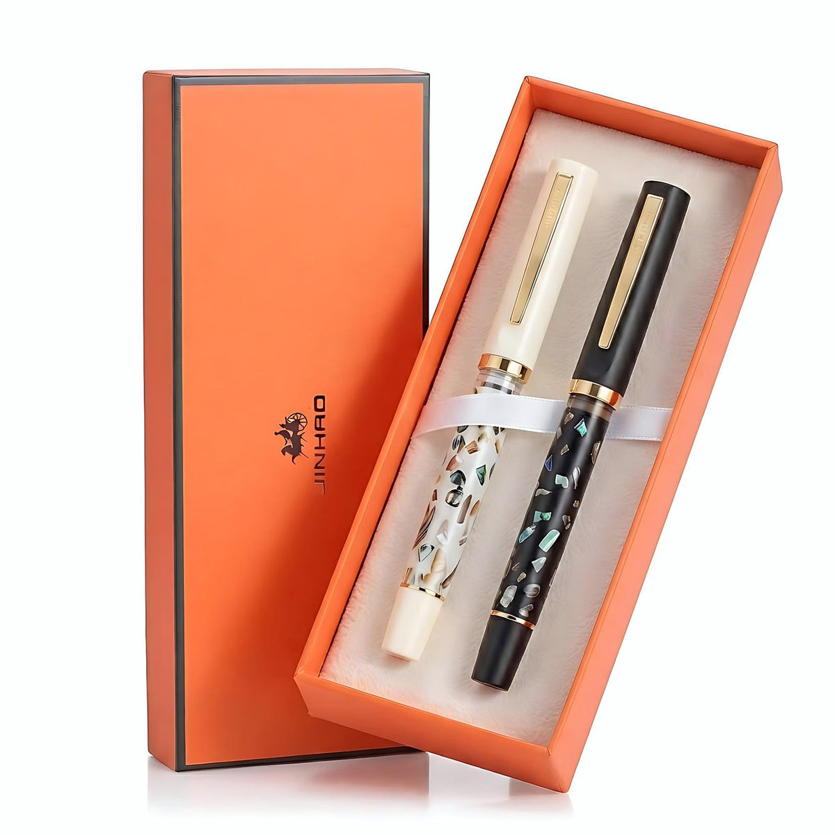 Jinhao 58 Fountain Pen Gift Set of 2 - Natural Sea Shell Inlay Fine Nib Luxury Writing Pens with Jinhao Orange Box & Ink Converters, Black & White