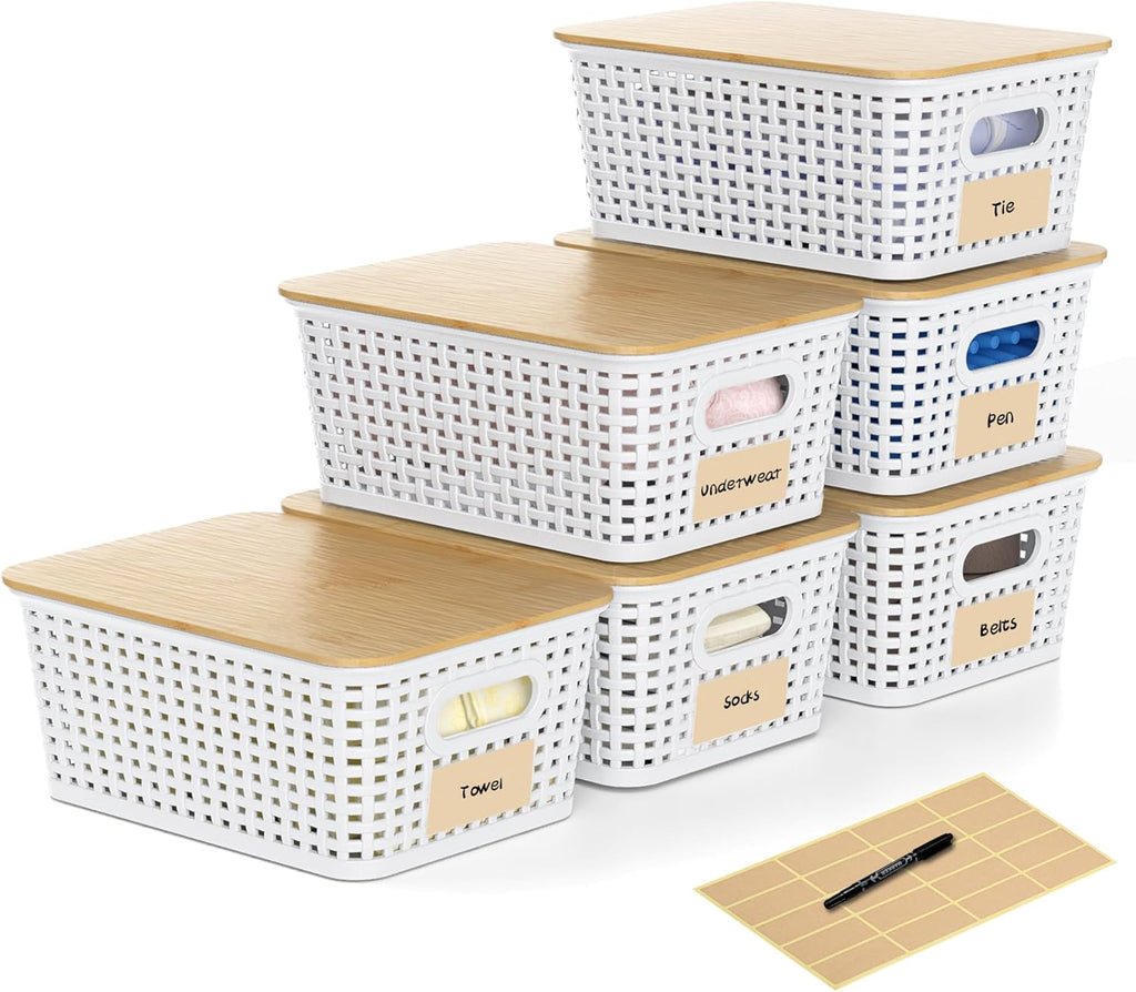 6 Pack Plastic Storage Baskets,White bamboo lid storage Box