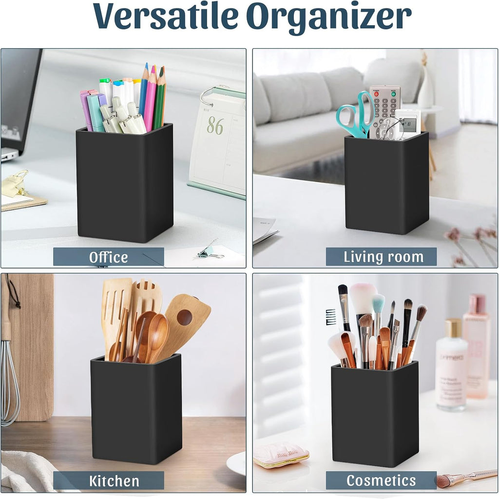 Pen Holder for Desk,Nordic Elegance Square Silicone Pencil Holder Soft Minimalist Desk Pen Cup Stand Waterproof Multifunctional Office Supplies for Home,Kids and School(Black)