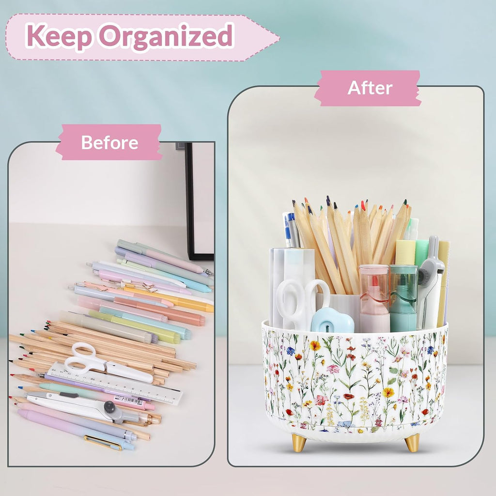 SKYDUE 360 Degree Rotating Desk Organizer, Dual-Purpose Pencil Pen Holder for Desktop, Desk Pen Organizer with 5 Slots, Office Supplies, Pencil Cup for Office, School, Home