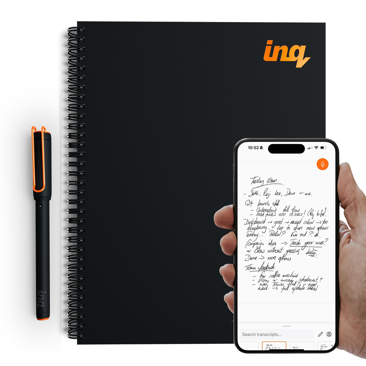 inq Smart Writing Set – Converts Handwriting to Text – Real Ink on Real Paper - AI Note Taking, Voice Recording and Transcription, For iPhone and Android - Smart Pen & Notebook (Letter Size), White