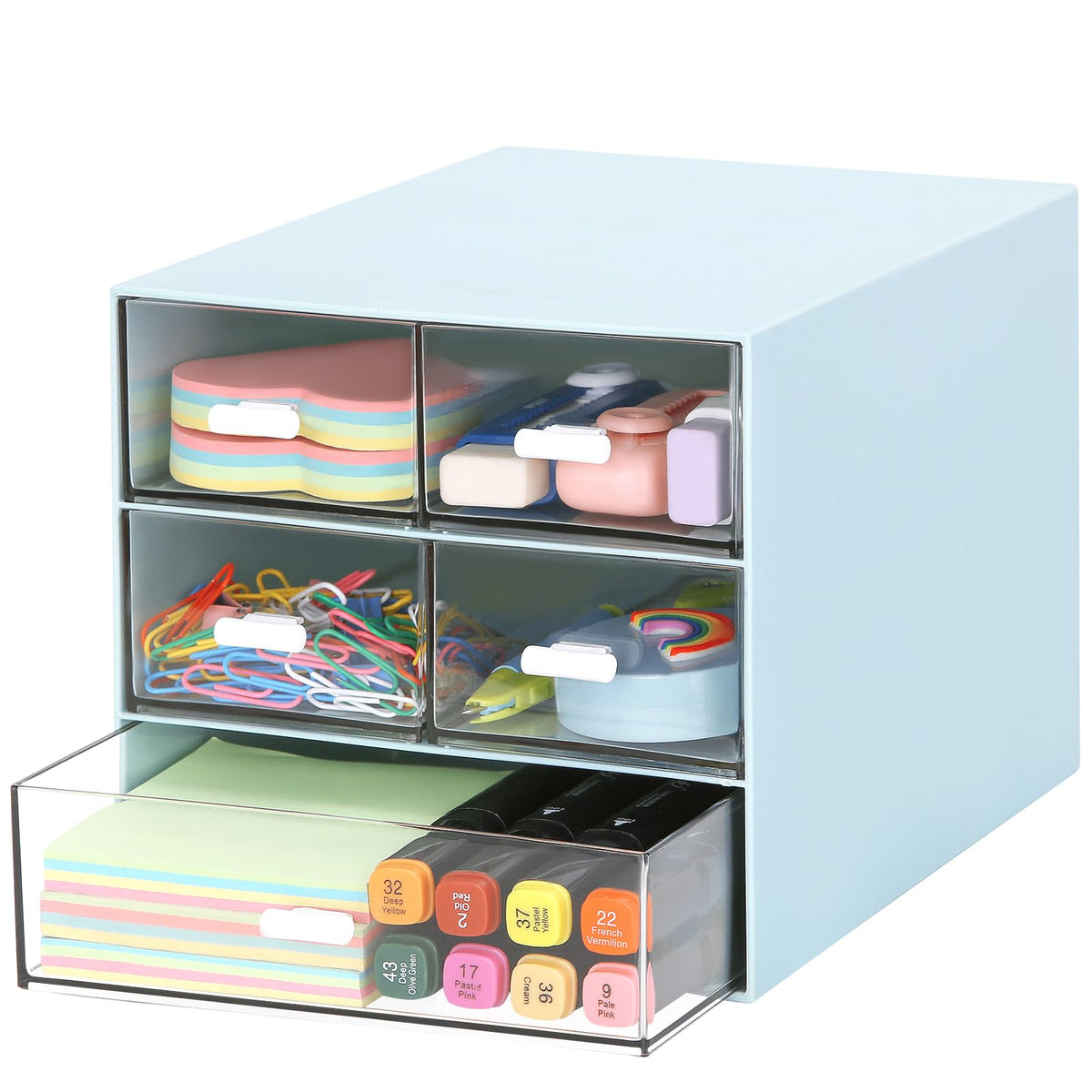 Desk Organizer with 5 Drawers, Rectangular Office Stationery Supplies Desktop Drawers, Plastic Makeup Storage, Suitable for Office, School, Home (White & 5 Drawers)