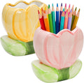 Foraineam 2 Pieces Ceramic Pen and Pencil Holder for Office Tulip Makeup Brush Storage Stand Cute Vase Decor Aesthetic Toothbrush Holder Desktop Organizers for Pencils, Painting Brushes, Art Supplies
