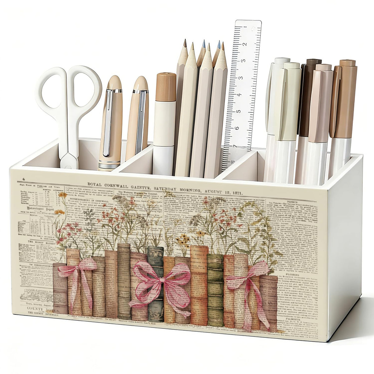 Vintage Book Floral Pen Pencil Holder for Desk, Book Lovers Gifts