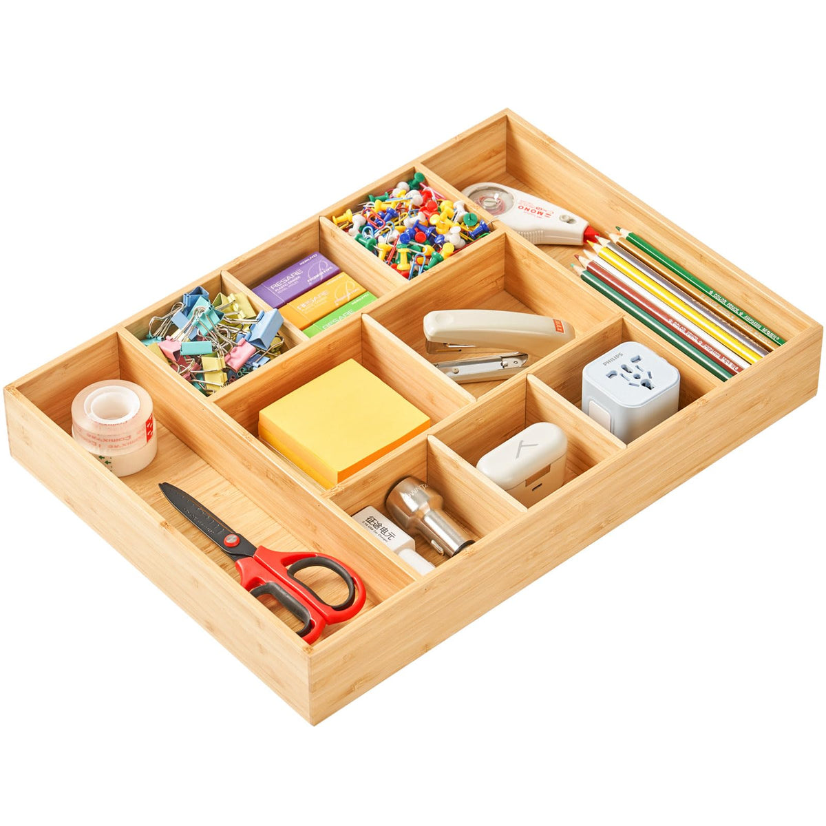 Umilife Bamboo Desk Drawer Organizer, Wood Junk Organizer Tray with Adjustable Dividers, Anti-Skip Storage Organization in Office Bathroom Drawer for Vanity, Makeup, 12" x 9"