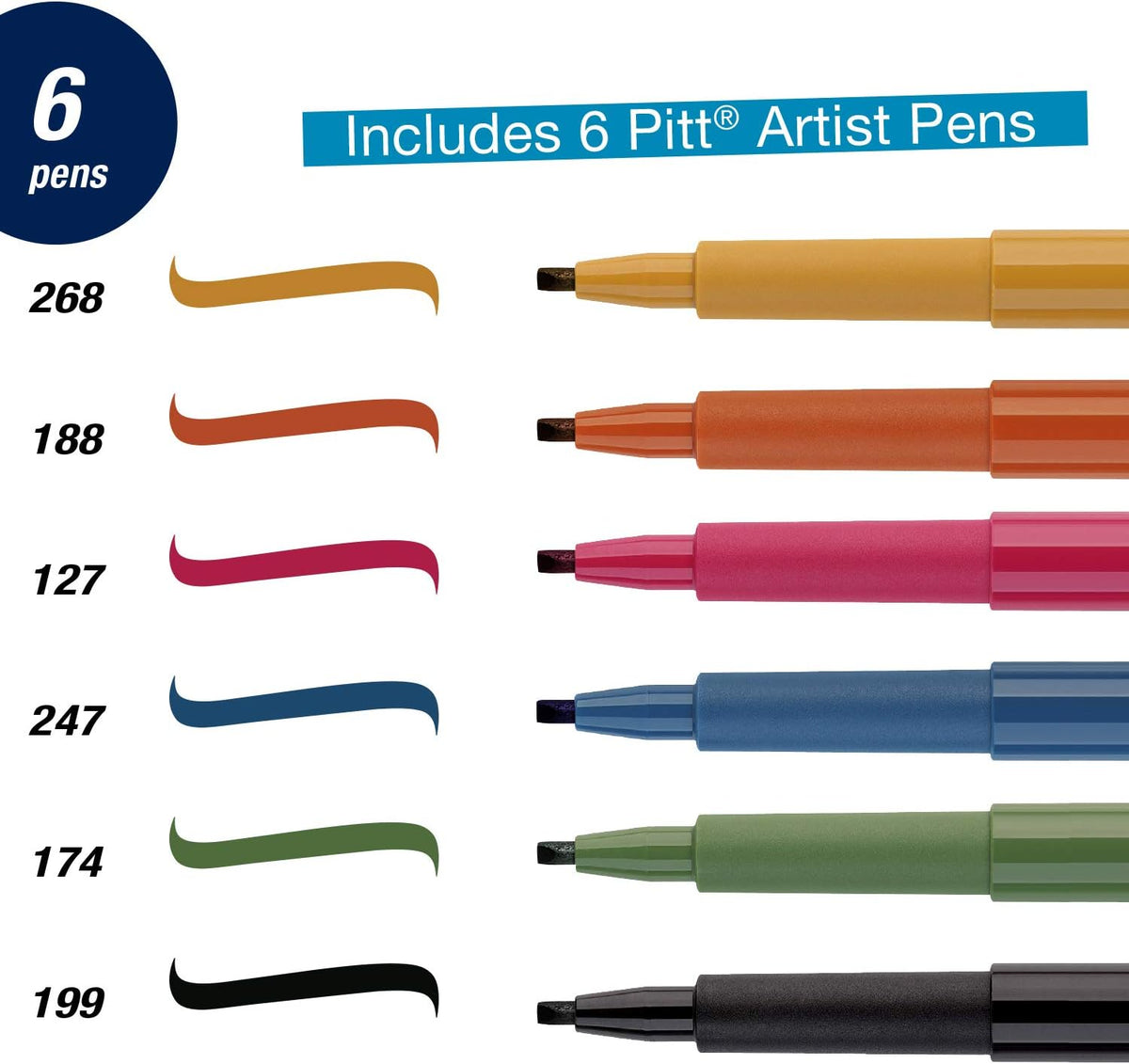 Faber-Castell Pitt Artist Calligraphy Pens | 6 India Ink Pens, 2.5 mm Chisel Tip | Multicolor Calligraphy Pen Set for Lettering, Journaling, Creative Writing & Hand Lettering Designs