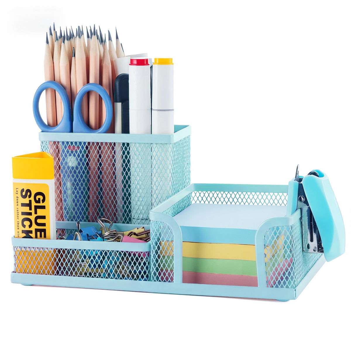 M&G Mesh Pen Holder Desk Organizers Pencil Holder for Desk Pink, 3 Compartments Metal Office Supply Organizer with Sticky Notes Holder for Home Office