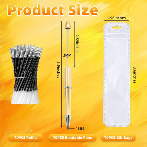 210 Pieces DIY Beadable Pen Bulk Kit – 70PCS Ballpoint Pen with Refills & Bags – Perfect for Beads Pens Supplies, Beaded Pens for DIY Crafting – Office Supplies & Teacher Accessories (Gold)